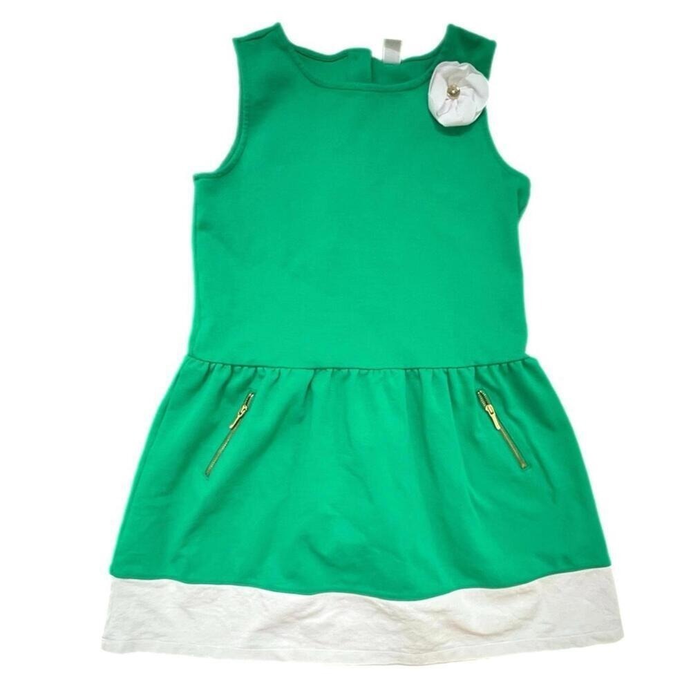 Janie and Jack‎ Dress Green White Colorblock Flower Zipper Pockets 12